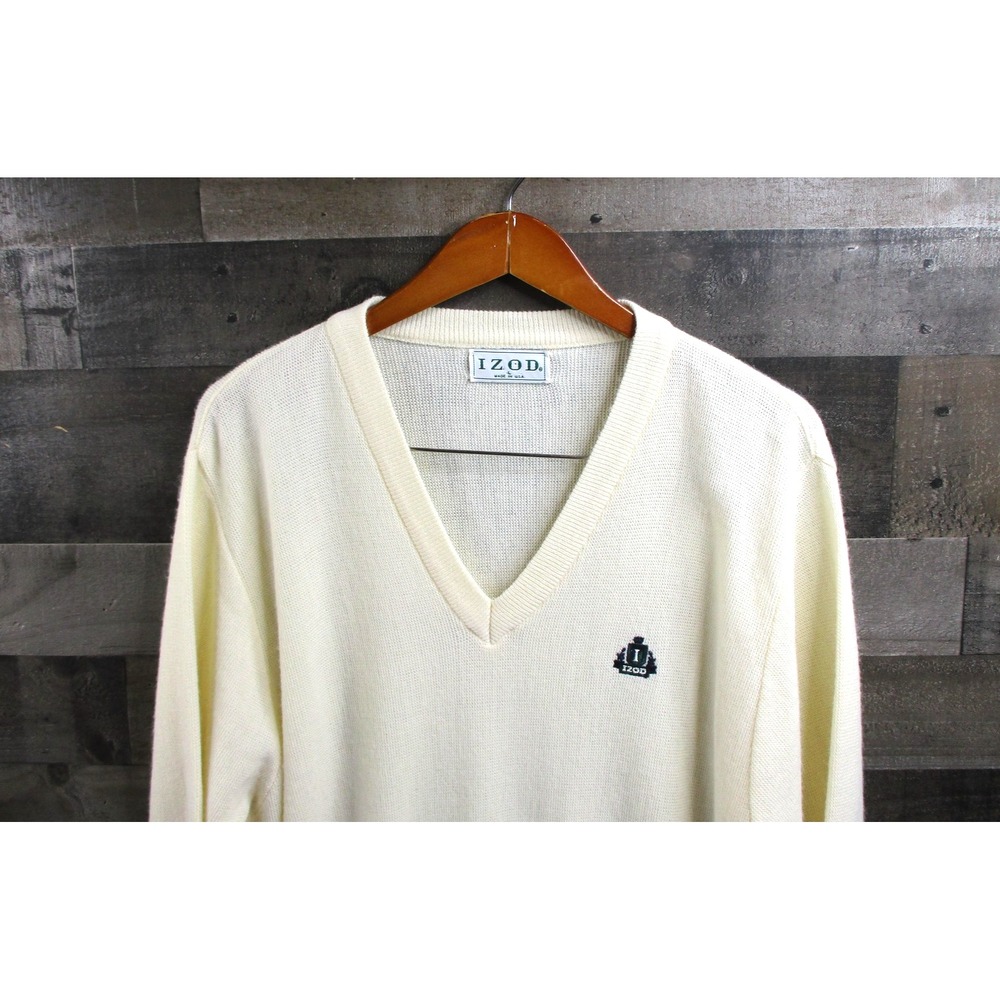 Vintage Izod Sweater Mens Large Ivory V Neck Tennis Pullover Made USA Acrylic